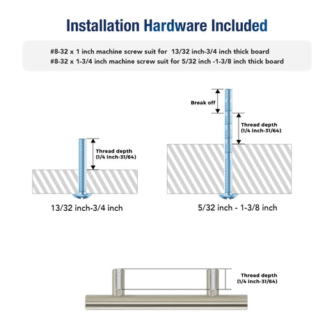 Installation guide for 30 Pack 5 Inch Cabinet Pulls With 3 Inch Hole Centers Zinc Alloy Handles In Brushed Nickel Finish, thread depth diagram.