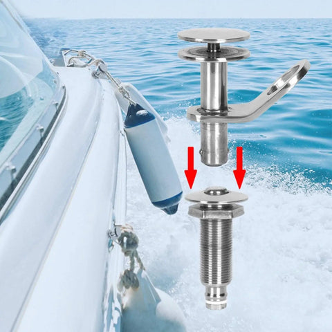 Deck Mount Guard Hanger With Quick Release Pin for Marine Gear and Rope Chafe Protection, polished stainless steel on boat deck