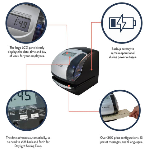 Bulletproof Electronic Time And Date Stamp Machine With No Fuss Numbering For Small Business Crews syncs to atomic clock with LCD display.
