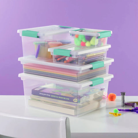 Stacked 12 Pack Clip Box Stackable Clear Plastic Storage Bins With Latching Lids For Small Items Organization, on white table.