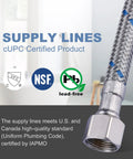 Straight Up Heavy Duty Faucet Supply Lines 3/8 Inch To 3/8 Inch Female Compression Thread, cUPC certified, stainless steel hose detail.