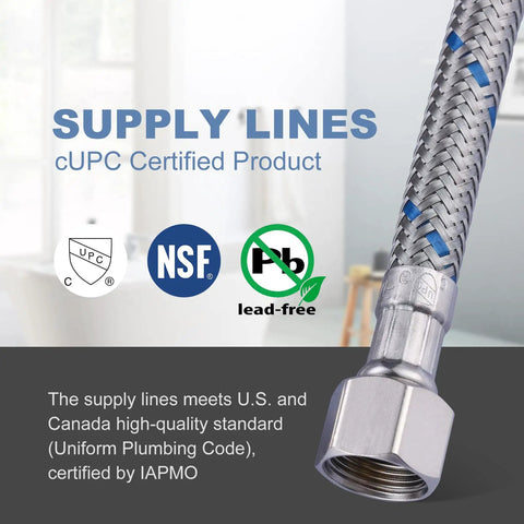 Straight Up Heavy Duty Faucet Supply Lines 3/8 Inch To 3/8 Inch Female Compression Thread, cUPC certified, stainless steel hose detail.