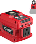 Go-To Portable Power Inverter For Milwaukee 18V Battery with AC outlet, USB ports, and LED work light, red compact design
