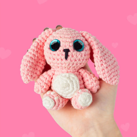 Pink Bunny Lola plushie from Beginner Crochet Kit Gift Set For Crafting Bunny Lola Amigurumi Plushie Easy DIY Crochet And Knitting Starter.