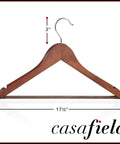 40 Walnut Wooden Suit Hangers With Notches And Chrome Swivel Hook For Suits Coats Jackets Pants Shirts Skirts Premium Lotus Wood Keeps Clothes Neatly Shaped And Closet Organized, Space Saving, Durable Hangers displayed with dimensions.