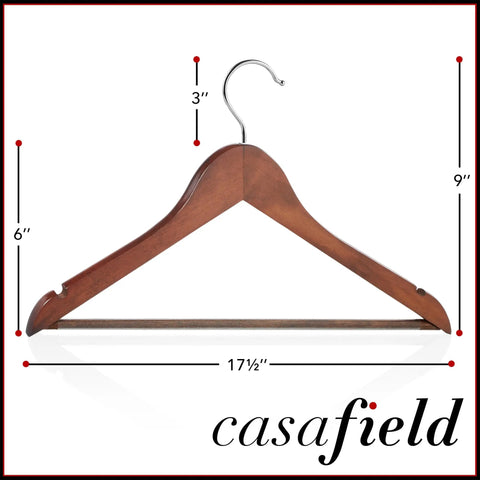 40 Walnut Wooden Suit Hangers With Notches And Chrome Swivel Hook For Suits Coats Jackets Pants Shirts Skirts Premium Lotus Wood Keeps Clothes Neatly Shaped And Closet Organized, Space Saving, Durable Hangers displayed with dimensions.