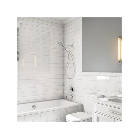 Raindance Select S Adjustable 5 Inch Handheld Shower Head Set in modern bathroom with white tile, chrome finish, 1.75 GPM hose
