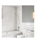 Bathroom scene with Raindance Select S 5-Inch Handheld Shower Head Set With PowderRain 3 Spray Modes Full Massage Rain, chrome finish