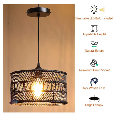 Boho Rattan Chandelier Pendant Light for Dining Room and Kitchen Island, featuring a 12.4 inch black handwoven Burmese rattan design.