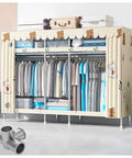 Smooth Setup Portable Fabric Closet Wardrobe With Tight Zip Cover And Three Heavy Duty Hanging Rods For Bedroom Outfit Stash And Foldable Shelf Storage Green Rack with clothing and toys.