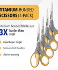 4-pack of 8 Inch Titanium Bonded Scissors For Home Office And Classroom, gray and yellow, ergonomic soft grip handles, text overlay