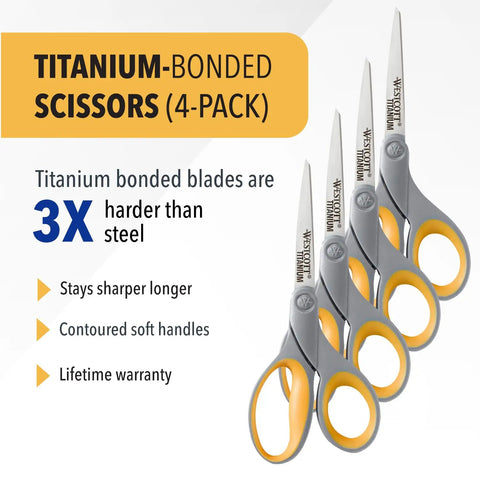 4-pack of 8 Inch Titanium Bonded Scissors For Home Office And Classroom, gray and yellow, ergonomic soft grip handles, text overlay