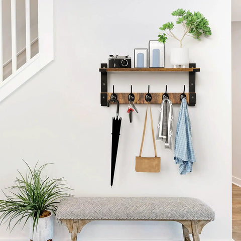Wall Mount Coat Rack With Shelf And Hooks, No-Fuss Space Saving Entryway Organizer for coats, hats, bags, keys, floating hall shelf