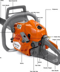 Side view of the Beast 43cc Gas Chainsaw with 16 Inch Bar and Chain, highlighting controls and features on orange body.