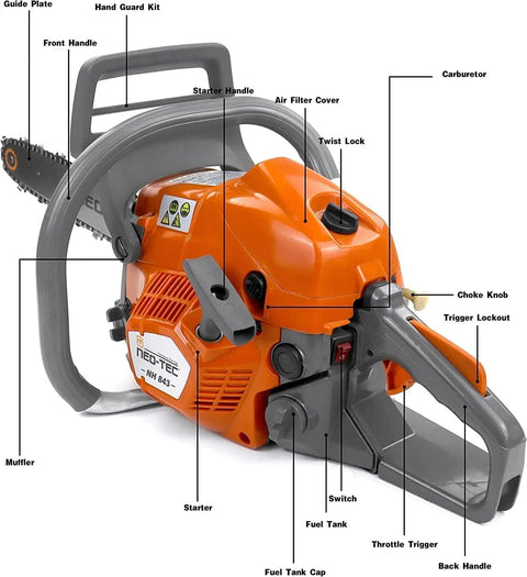 Side view of the Beast 43cc Gas Chainsaw with 16 Inch Bar and Chain, highlighting controls and features on orange body.
