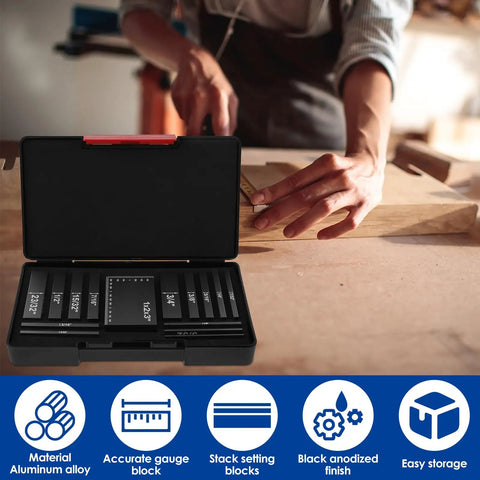 Open case displaying aluminum blocks from 15 Piece Woodworking Setup Blocks Set With 4 Inch Aluminum Height Gauge For Routers And Table Saws For DIYers And Pros Pro Grade Height And Angle Tool With Laser Engraved Size Markings Black Finish