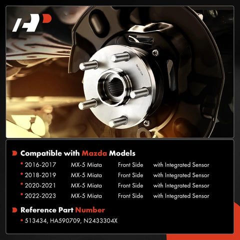 Front Wheel Bearing And Hub Assembly With Abs Sensor For Mazda MX 5 Miata 2016 2023 4 Lug 2 Front Sides Sensor Cap Included Premium Replacement Plug And Play Direct Fit For Easy Install
