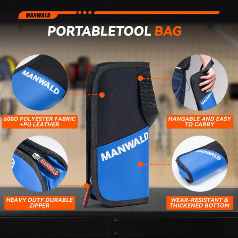 Telescoping Magnetic Pickup Tool Set With Portable Bag, blue, side view showing durable polyester and PU leather material.