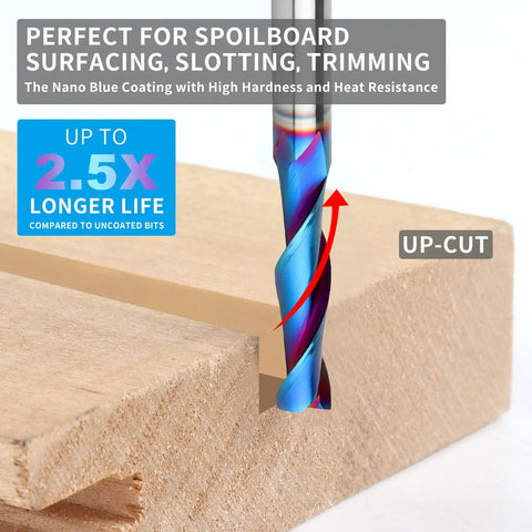 5-Piece Upcut Spiral Router Bit Set 1 Quarter Inch Shank, 1 Quarter Inch Cutting Diameter, 3 Inch Overall Length, Solid Carbide with Nano Blue Coating for Wood Cutting and Carving on CNC Routers