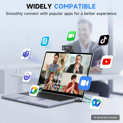 4K Webcam For PC With Built In Microphone, Legit Crisp Visuals, Smooth Autofocus Lens on laptop during video call.