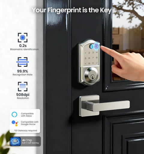 Smart Fingerprint Door Lock With App Control, No-Fuss 8 In 1 Keyless Entry Deadbolt with electronic keypad on black door
