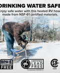 Person using Heated Water Hose For RV Beefed Up 50 Feet Freeze Protection To Minus Twenty Degrees Drinking Water Safe And Lead Free Five Eighth Inch ID NSF Certified Ideal For Campers Livestock Farms Kennels in snowy forest.