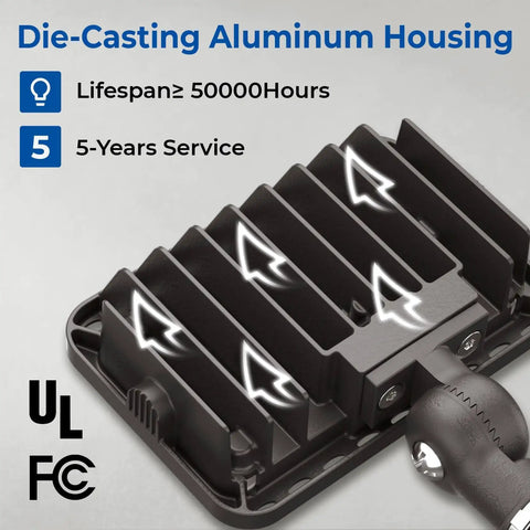 Close-up of die-cast aluminum housing of 20W LED Flood Light Outdoor 2800 Lumens IP65 Waterproof Exterior Security Wall Light.