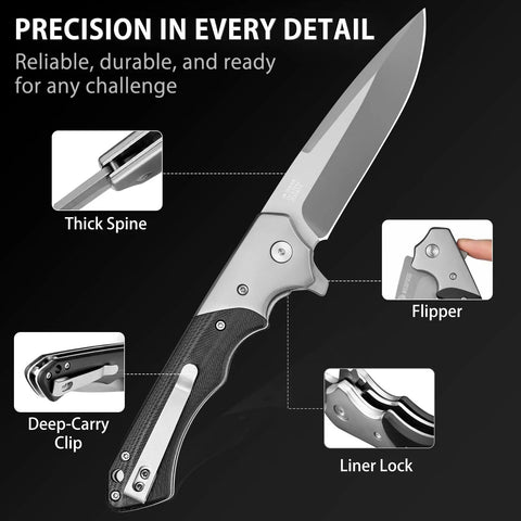 3.6 Inch D2 Steel Pocket Knife For Men With G10 Handle Dope Do It All EDC Folding Knife For Everyday Carry Strong Edge Retention Textured Grip Smooth Flipping Action, open view