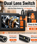 Dual Lens Borescope With 32GB Card, 4.3 Inch Endoscope Camera With Light, 1080P Photo And Video, 16.4ft SemiRigid Inspection Snake, No Apps Needed, IP67 Waterproof For Automotive Engine And HVAC showing dual lens switch and camera screen