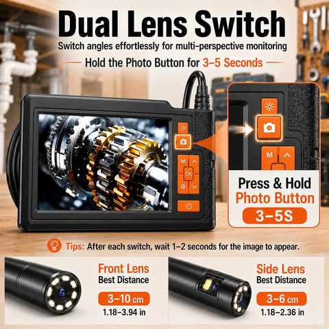 Dual Lens Borescope With 32GB Card, 4.3 Inch Endoscope Camera With Light, 1080P Photo And Video, 16.4ft SemiRigid Inspection Snake, No Apps Needed, IP67 Waterproof For Automotive Engine And HVAC showing dual lens switch and camera screen