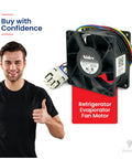 DIY Friendly Evaporator Fan Motor Replacement for GE Refrigerator WR60X26866 shown with confident user and label