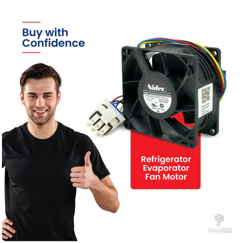 DIY Friendly Evaporator Fan Motor Replacement for GE Refrigerator WR60X26866 shown with confident user and label