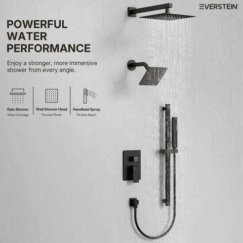 EVERSTEIN Shower System with Handheld Spray, 10" High-Pressure Rainfall Shower Faucet Set showing dual shower heads and slide bar.