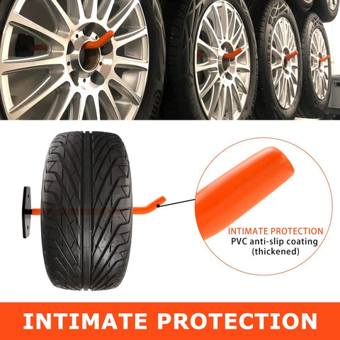 Heavy Duty Garage Hooks 4 Pack Wall Mount Tire Storage System With Anti Slip Coating Holds Up To 88 Lbs organize tires in black and orange.
