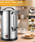 Beefy 100 Cup Commercial Coffee Urn With 1300W Quick Brew Heavy Duty Stainless Steel Double Wall Industrial Electric Percolator on table.
