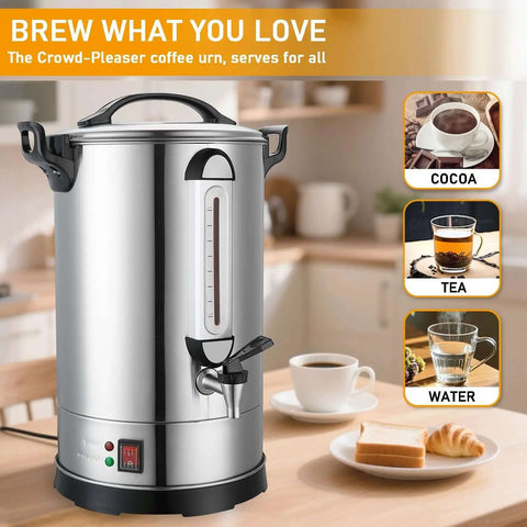 Beefy 100 Cup Commercial Coffee Urn With 1300W Quick Brew Heavy Duty Stainless Steel Double Wall Industrial Electric Percolator on table.