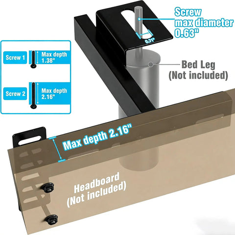 Heavy Duty Adjustable Headboard Brackets For Bed Frame Universal Wall Mount Hardware close-up showing max depth and screw dimensions.