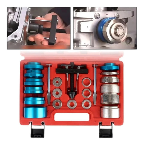 Automotive crankshaft/camshaft oil seal removal kit, 22 pcs, 28–64mm, blue aluminum spacers in red case