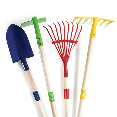 Kids Garden Tool Set 4 Piece Shovel Rake Hoe Leaf Rake Wooden Gardening Tools For Kids Durable Outdoor Toy Gift For Boys And Girls