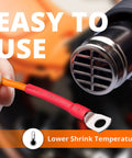 Adhesive Lined Heat Shrink Tubing Kit 190 Pieces 4 To 1 Shrink Ratio Black And Red Waterproof Oil Proof Pro Grade Industrial Use UL Listed For Automotive Wiring And Electrical Repairs, red tubing being heated.