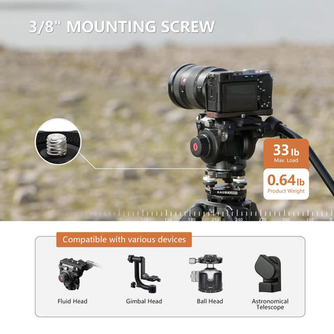 Tripod Leveler Stand For Seestar S50 With Plus Or Minus 6 Degree Micro Adjust Leveling Base And Detachable Magnetic Bubble Level CNC Aluminum Three Eighths Inch Mount For Panoramic Ball And Video Heads And Tripods LB01 with 3/8 inch mounting screw shown supporting camera.