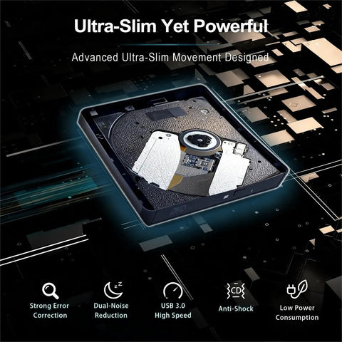 Ultra Slim External CD DVD Drive USB 3.0 Type-C No Fuss Plug And Play Optical Burner For Laptops Desktops And PCs Read Write Burn CD DVD On Windows Mac Linux Compact Black opened drive showing slim black metal body and internal mechanism