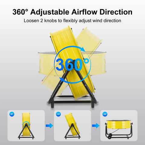 Side view of 24 Inch High Velocity Drum Floor Fan With 8800 CFM, highlighting 360 degree tilt feature, yellow color.