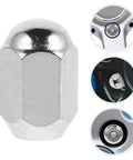 Heavy Duty Wheel Lug Nut Set With Anti Rust Coating For Safe Go Kart Install, Fits Atv Rims And Cars, Precision Flange Screws Secure Bolt Kit That Looks Sick And Stays Put Without Any Wobbles, silver metal lug nut on wheel rim