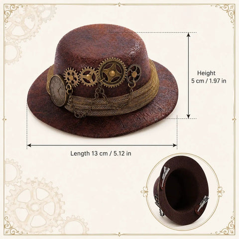 Cool Steampunk Mini Top Hat Fascinator With Antique Gold Clock Gears And Roman Numeral Dial, 5 cm high, brown with gear details.
