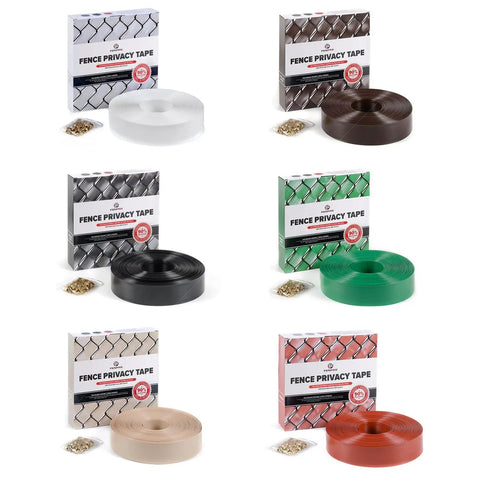 Various colors of fence privacy tape rolls with packaging, including Obsidian Black Chain Link Fence Privacy Tape, 250 Ft Coverage, No Fuss Slat Privacy for Gardens, Patios, Balconies, and Yards, Boost Privacy, Safety, and Style for Dogs and Pets.