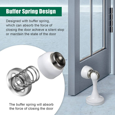 8 Pack Stainless Steel Magnetic Door Stoppers With Screws Magnetic Catch Holder For Wall Or Floor Mount White Door Stops Durable Wall Protector Easy Install Strong Magnetic Hold Great For Home And Office shown with a closer view of spring and installed on a door