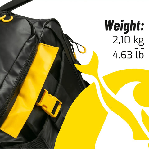 Side view of Megattera 110L Beefy Waterproof Duffel Bag showing yellow buckle pocket and weight details in kg and lb