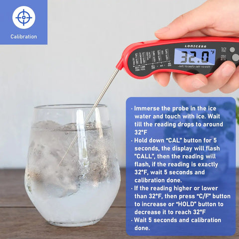 Digital Meat Thermometer for Cooking and Grilling with Instant Read, Waterproof Foldable Probe, Backlit Display, Red, in use with ice water.