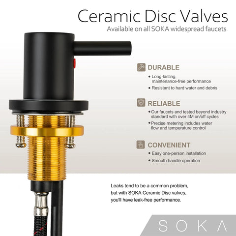 Close-up of ceramic disc valve for 8 To 16 Inches Widespread Matte Black Bathroom Faucet With Two Handles, Sleek Modern Industrial Vanity Sink Faucet, Three Hole Install No Fuss, Pop Up Drain, Built Tough Stainless Steel, Great For Home Or Commercial Use.